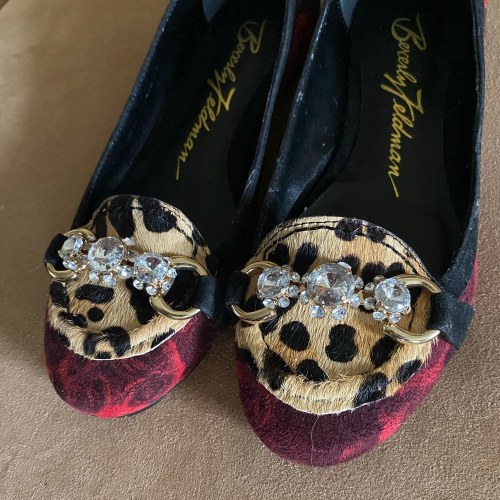 Beverly Feldman Vintage Red Black And Leopard Flats With Crystal Size 6.5
